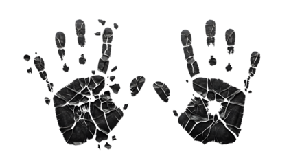 Two shattered handprints with cracked glass texture and white outlines isolated on a transparent background