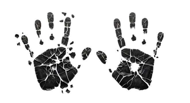 Two shattered handprints with cracked glass texture and white outlines isolated on a transparent background