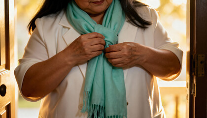 Elegant senior woman tying a turquoise scarf around her neck. Stylish mature lady in a white blazer getting ready by a doorway in warm sunlight. Close-up on fashion and personal style