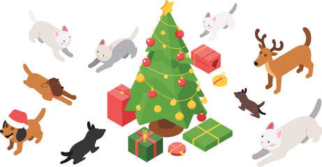 Isometric Christmas illustration featuring cats, dogs, reindeer, and festive gifts around a decorated Christmas tree in winter holiday theme