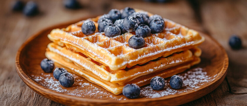 Appetising waffles with blueberries and powdered sugar on a plate emphasise the cosiness of a home-cooked breakfast, making them the perfect atmospheric backdrop for culinary blogs 
