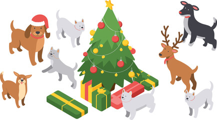 Isometric Christmas illustration featuring cats, dogs, reindeer, and festive gifts around a decorated Christmas tree in winter holiday theme