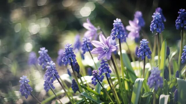 Blue flowers blossoming in garden under sunlight with bokeh background, usable for floral design