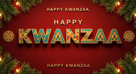 Elegant 'Happy Kwanzaa' Typography with 3D Text and African-Inspired Patterns