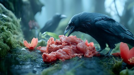 Fototapeta premium Ravens feasting on meat in enchanted forest setting with red flowers