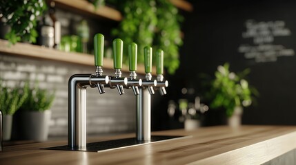Modern bar interior with green beer taps and wooden counter