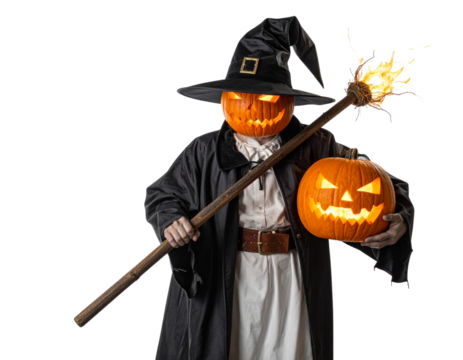 Untitled design - Jack-o’-Lantern Wizard Theme With Magic Staff, Dramatic Angle, PNG Cut-Out