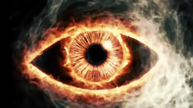 Burning eye in flames, intense gaze against a dark background, representing fire, fantasy use