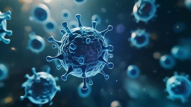 Microscopic Threat: A detailed microscopic view showcases ominous viruses suspended in a blurred background, highlighting the complexity and severity of the current situation.
