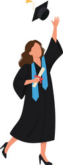 Female Graduate Throwing Cap in the Air, Celebratory Vector Illustration of Woman Graduating