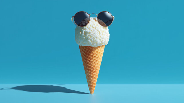 cool vanilla ice cream cone wearing glasses on blue background