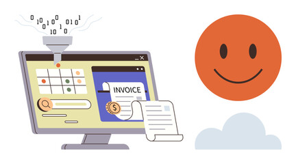 Computer screen processing data, generating invoices, and showing analytics. happy face and cloud suggest satisfaction, automation, and innovation. Ideal for business, technology, finance analytics