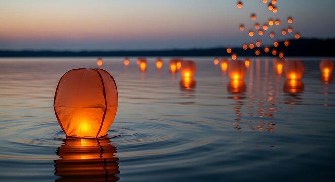 Magical sunset celebration releasing glowing sky lanterns on calm water for peaceful event or memorial services with a sense of hope and remembrance