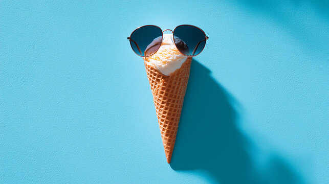 cool vanilla ice cream cone wearing glasses on blue background - Powered by Adobe