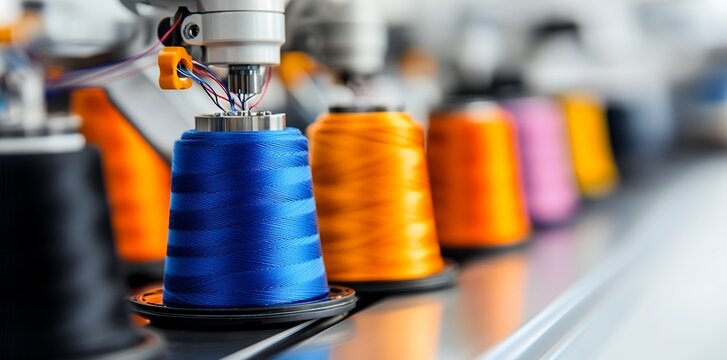 Colorful threads on industrial sewing machine in textile factory