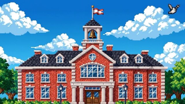 A vibrant pixel art depiction of a classic school building with lush trees and a clear blue sky