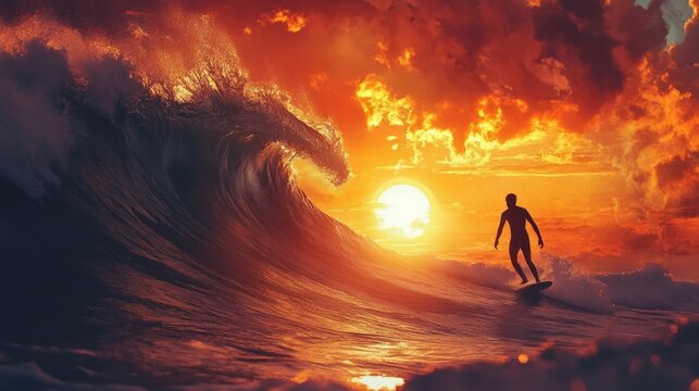 The silhouette of a surfer against the backdrop of a huge wave and sunset conveys a spirit of adventure and harmony with nature — a vivid visual backdrop for tourism and sports projects.