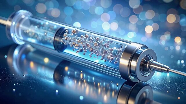 Medical Marvel: A detailed view of a syringe containing a clear fluid interspersed with microscopic elements, set against a blurred background of radiant bokeh, representing innovation and discovery.