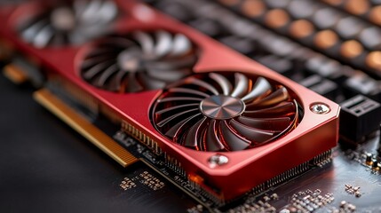 Close-up of red graphics card with triple cooling fans and circuitry detail