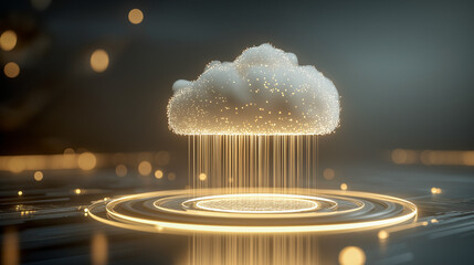 Cloud device hovering above luminous pad digital data transfer futuristic technology glowing circuit abstract network innovation modern virtual cyber conceptual