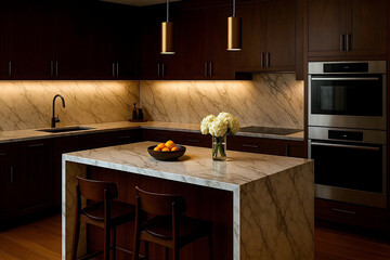 Modern Luxury Kitchen Interior with Contemporary Design and Warm Lighting