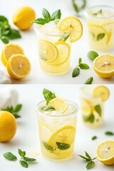 Fototapeta premium Cold refreshing lemonade drink in a clear plastic cup with ice, fresh lemon slices, and mint leaves on a white background. Summer beverage concept