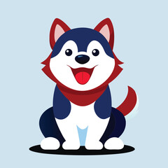 Happy Husky Dog with Red Scarf Sitting and Smiling Cartoon Illustration