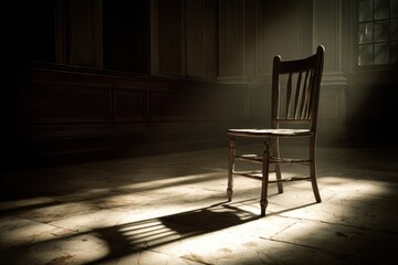 A solitary empty chair in a dim courtroom, harsh overhead light creating deep shadows, evoking a sense of anticipation and justice
