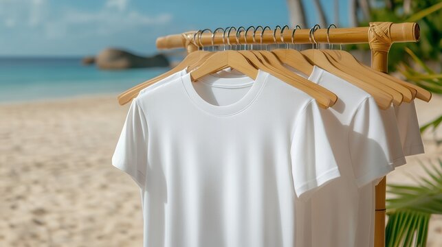 White t-shirts hanging on bamboo rack at tropical beach