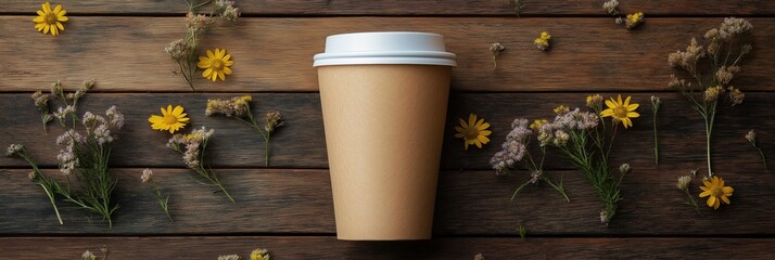 Paper coffee cup to go with white lid, surrounded by delicate wildflowers on rustic dark wooden table