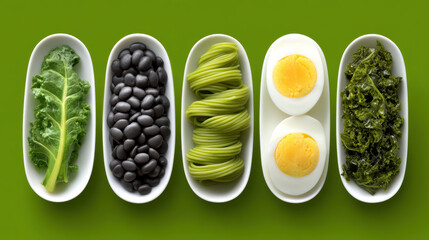 Luxury green food arrangement with kale black beans green noodles and boiled egg halves