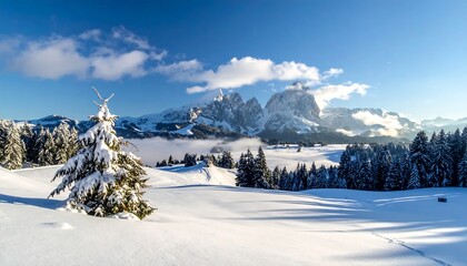 Snowy mountain landscape with conifers under a blue, cloudy sky during daytime, offering a serene winter panorama