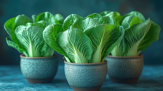 A group of small pots containing green lettuce on a table