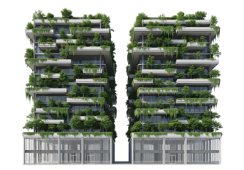Two symmetrical modern apartment buildings covered in lush green trees and hanging plants isolated on a transparent background
