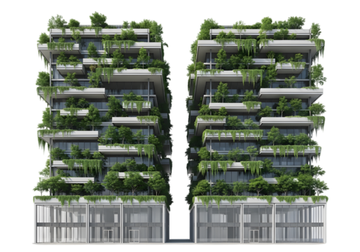 Two symmetrical modern apartment buildings covered in lush green trees and hanging plants isolated on a transparent background