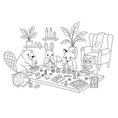 Fototapeta premium Enchanting Woodland Gathering: A charming gathering of woodland creatures immersed in an activity, their focus highlighting unity and shared creativity.