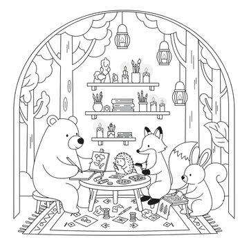 Whimsical Woodland Studio: A charming gathering of animal friends creating art in a cozy woodland studio, the scene evokes a sense of imagination and collaborative creativity.