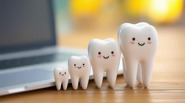 3D render of cute tooth family standing next to laptop on wooden table