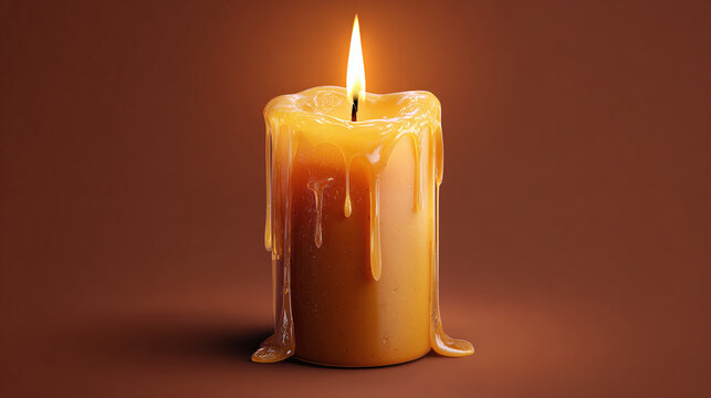 A candle lit with a flickering flame, casting a warm glow and wax down. The candle provides a sense of peace and comfort