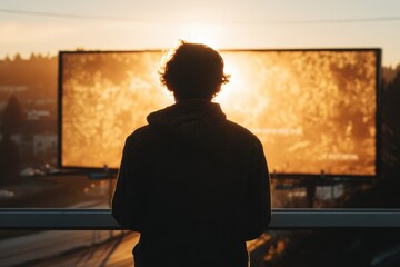 A meditative silhouette against a glowing digital billboard, ruins of advertisements surround, early dawn light piercing through thick smog, evoking a surreal ambiance