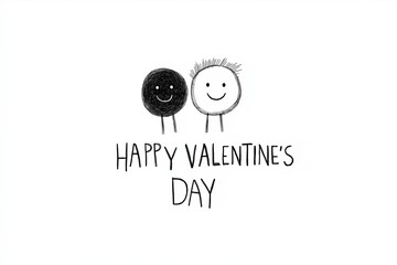 Minimalist hand-drawn illustration of a cute, smiling interracial couple. 'Happy Valentine's Day' text below. Simple black and white sketch for a greeting card