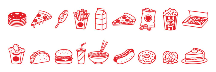 pixel art Fast Food. 8-Bit Icon Set. Red. A fun hand drawn vector line art collection of junk food items like pizza, burger, and fries for a restaurant menu, a food delivery app, or a packaging design