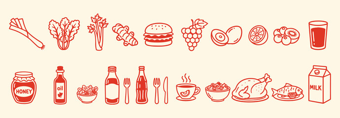Pixel Art. Fast Food. 8-Bit. A retro red vector icon set of pixelated junk food items like pizza and fries for a video game asset, a fun menu, or a nostalgic 80s-themed design graphic.