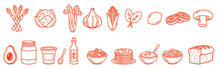Food. Ingredient. 8-Bit Red. A bold red vector line art icon set of various vegetables, drinks, and meals for a cookbook, a restaurant menu, a food delivery app, or a grocery store design.
