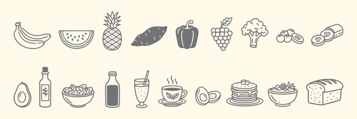 Food. Healthy. Line Art 8-Bit. A minimal gray vector icon set of fresh fruits, vegetables, and breakfast items for a diet planner, a nutrition app, or a grocery store branding design element.