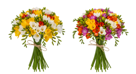 Two vibrant bouquets of freesia flowers in yellow white orange and purple tied with twine isolated on a transparent background