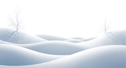 Two white bare trees on rolling snow-covered hills with a dark sky isolated on a transparent background