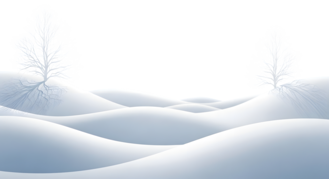 Two white bare trees on rolling snow-covered hills with a dark sky isolated on a transparent background - Powered by Adobe