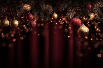 Chic and luxury, elegant festive Christmas background with deep dark red stage curtains, Evergreen branches, shiny baubles, and glowing lights 
