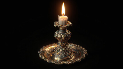 A glowing candle illuminates in ornate candlestick, creating a warm ambiance. The candle flame casts soft shadows, creating a sense of tranquility